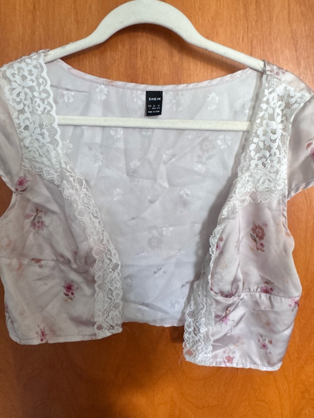 SHEIN Pink Floral Lace Cropped Cardigan